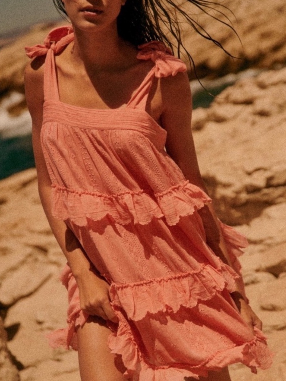 Sezane Peach Eyelet Tiered Mini Dress